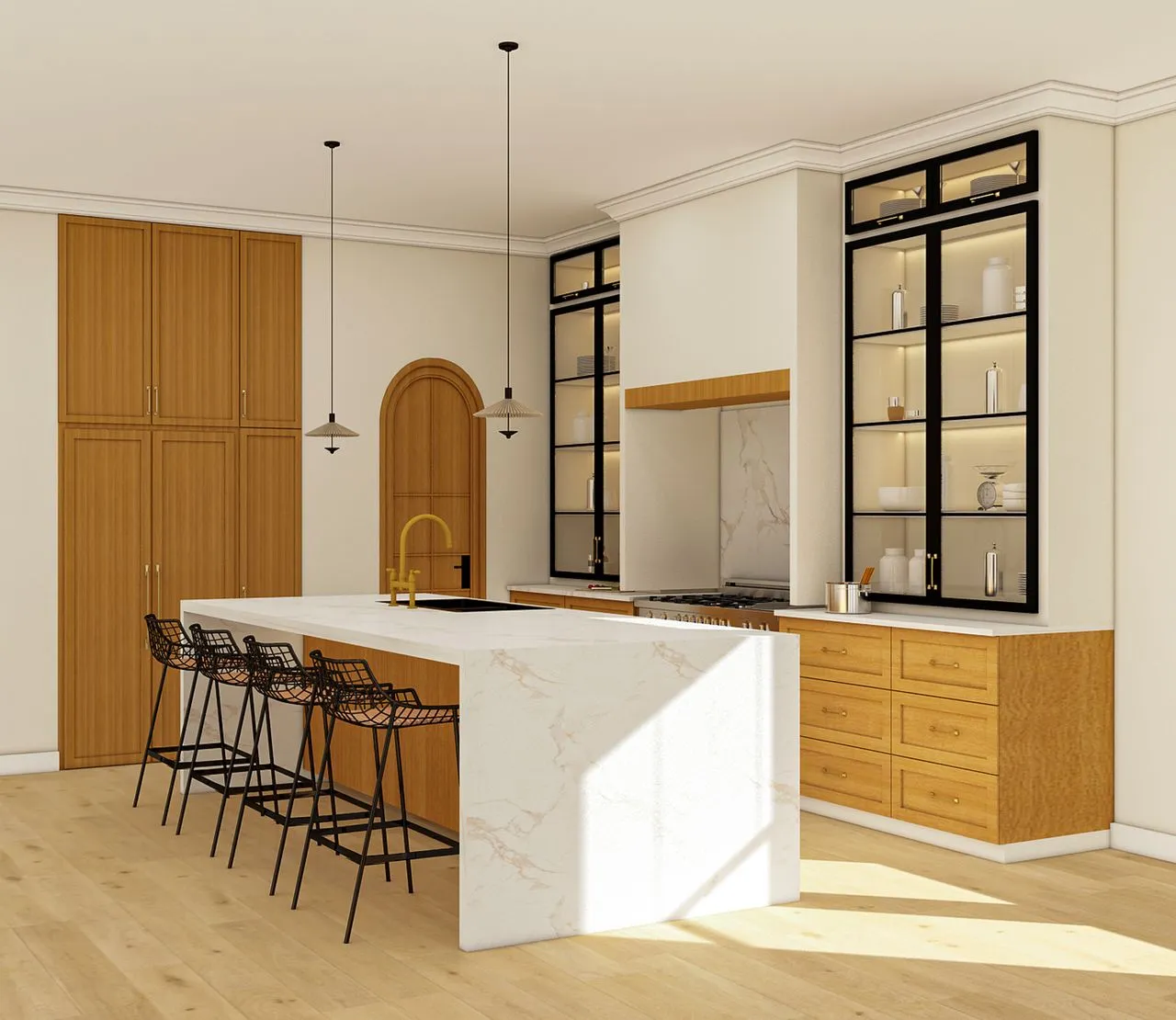 Warm wood and marble family kitchen with a central island and black-framed cabinets