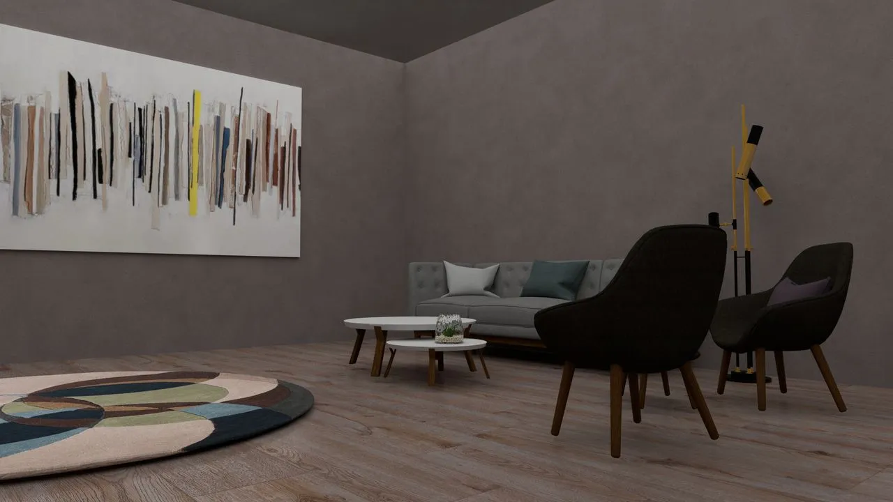 Quiet sitting room composed around artwork and sculptural furniture