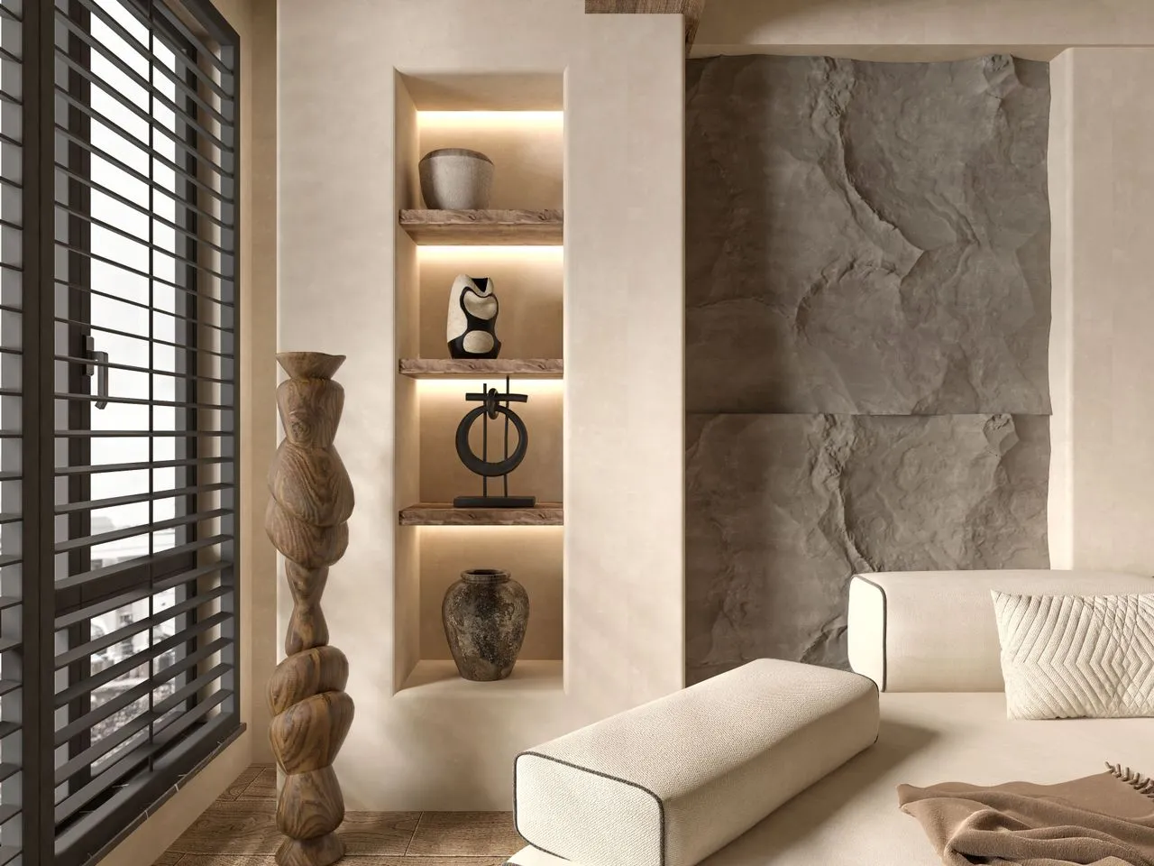 Stone and timber display niche beside a window