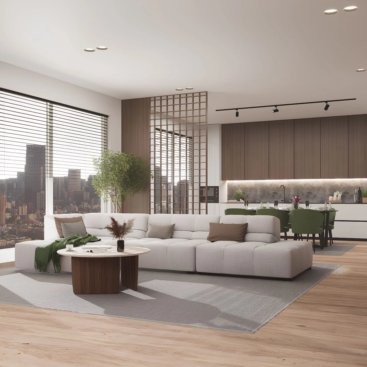 Living room composed around artwork and city views