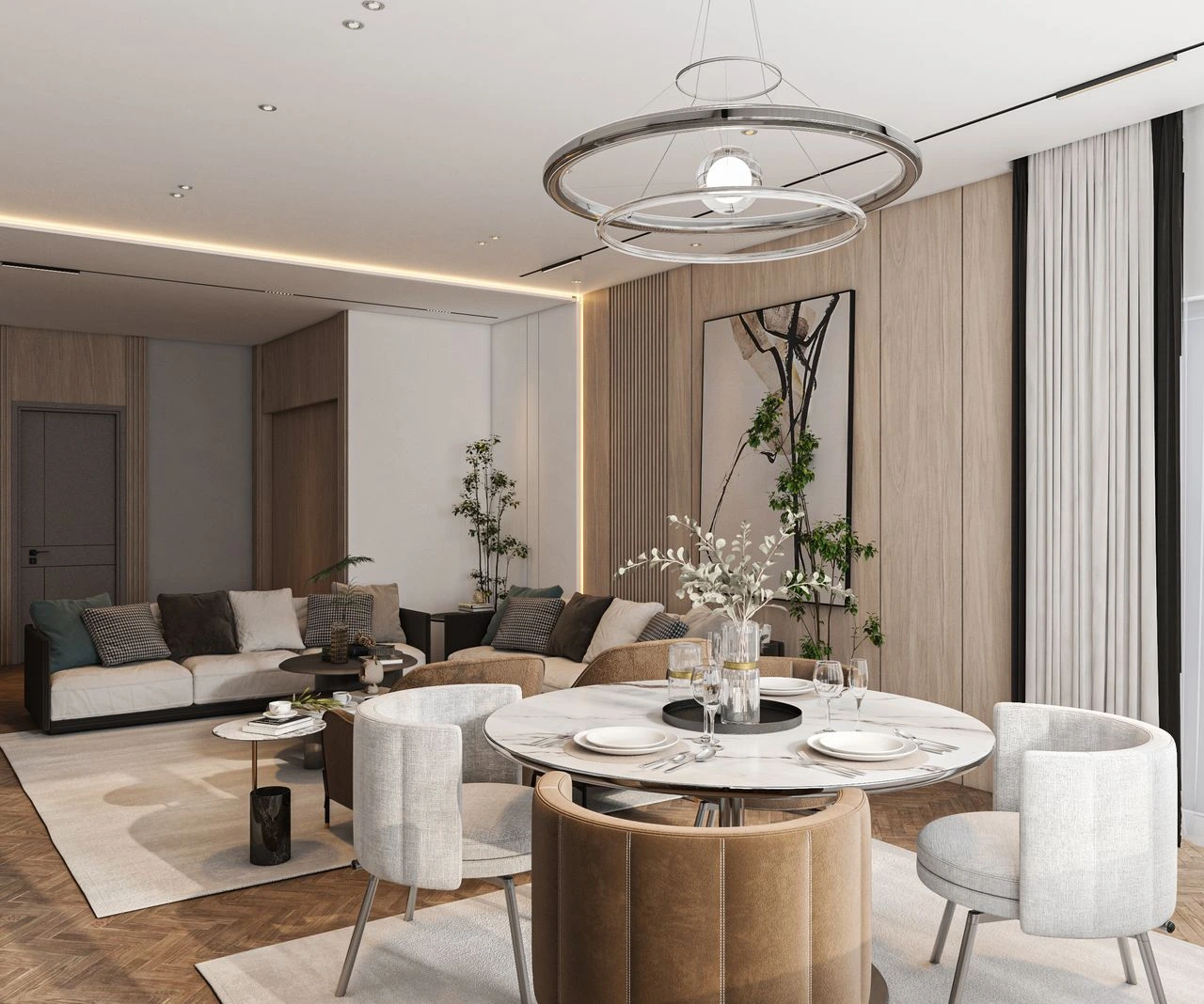 Dining area and sitting room arranged around collected art