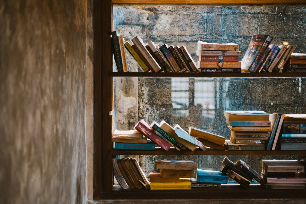 Collected books displayed against a textured wall