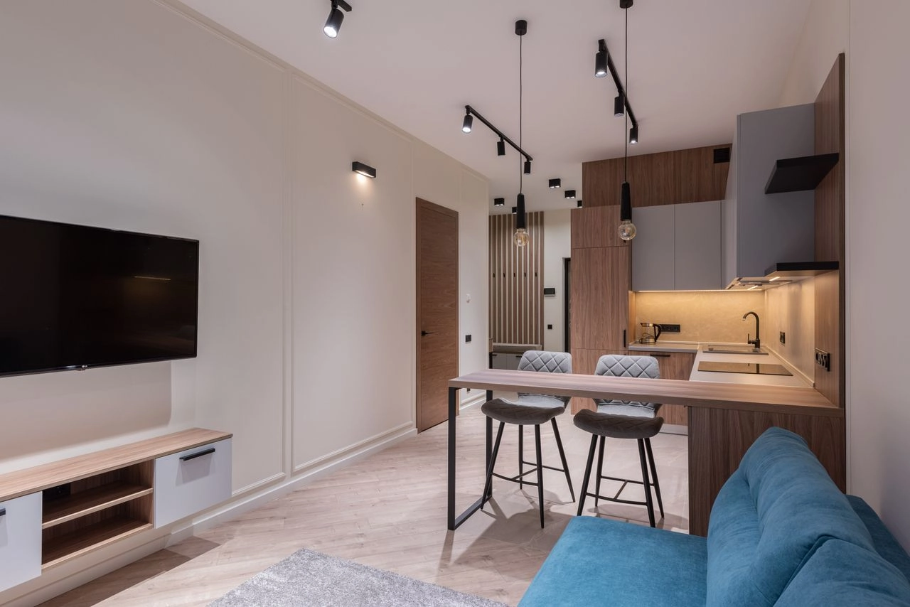 Open living space with compact kitchen and dining counter