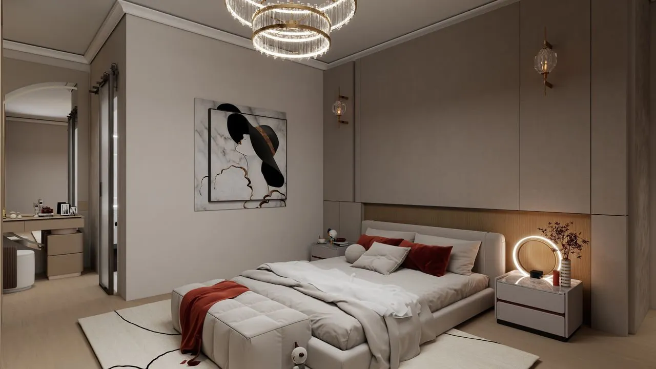 Primary bedroom with integrated headboard and artwork