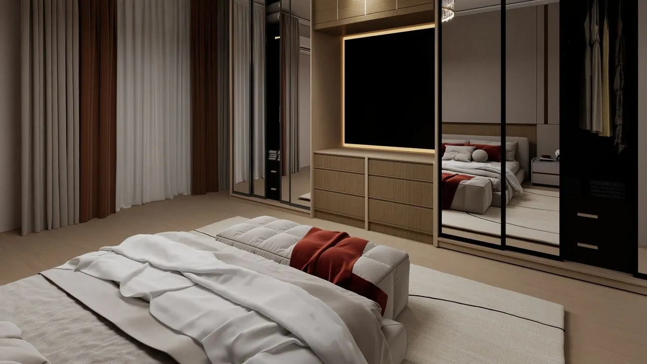 Bedroom storage reflected in dark mirrored wardrobes