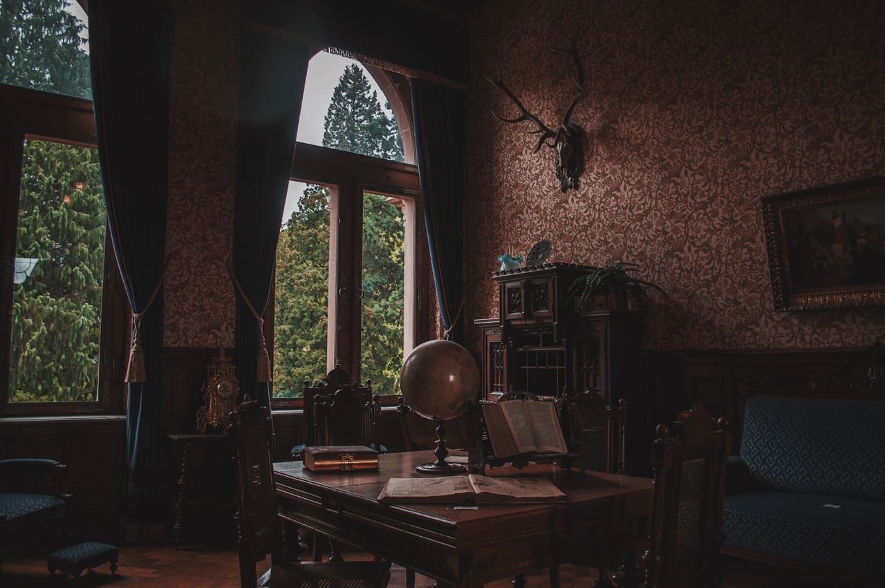 Atmospheric study with books, globe and evening light