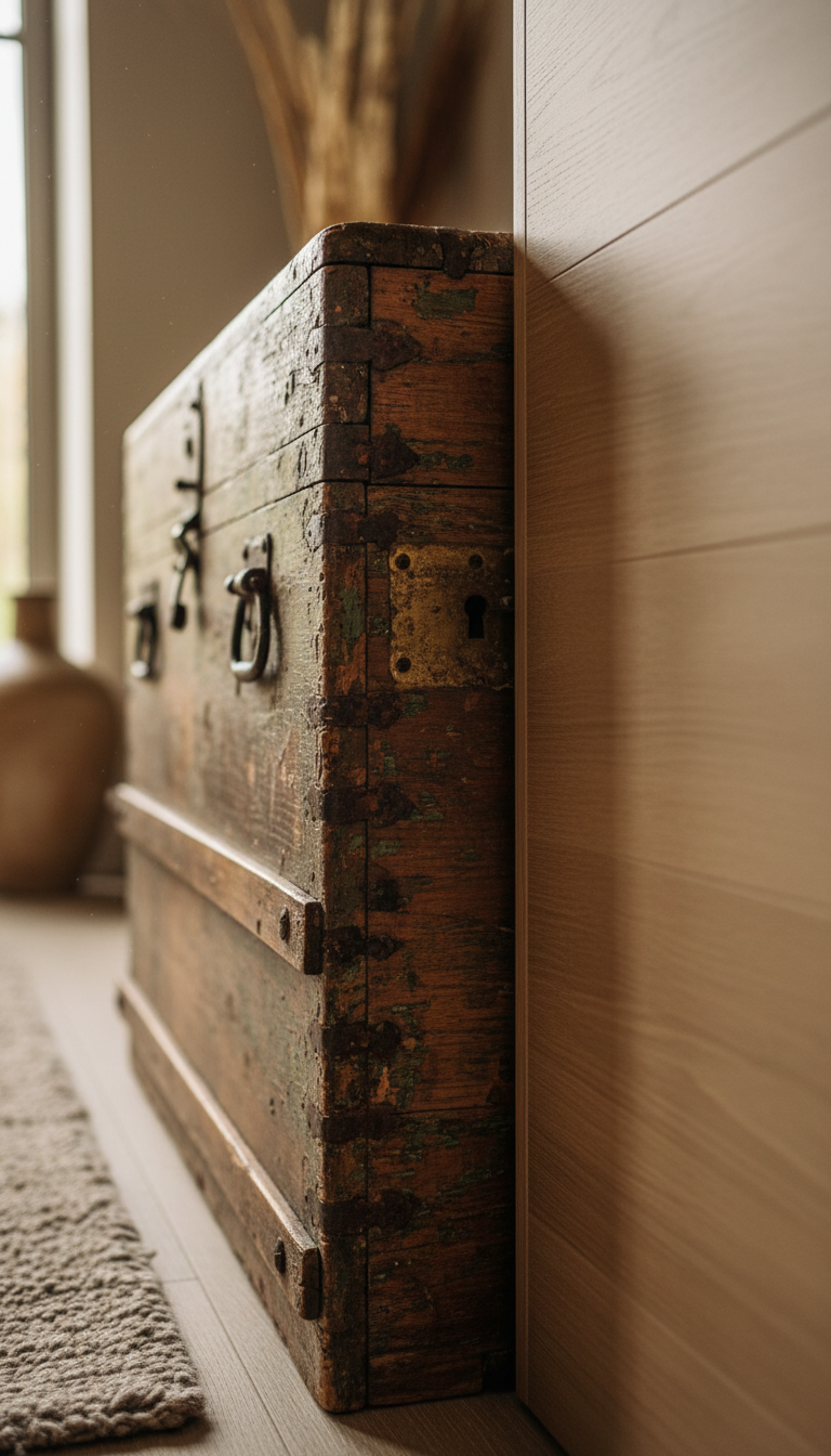 Patinated timber trunk beside contemporary joinery