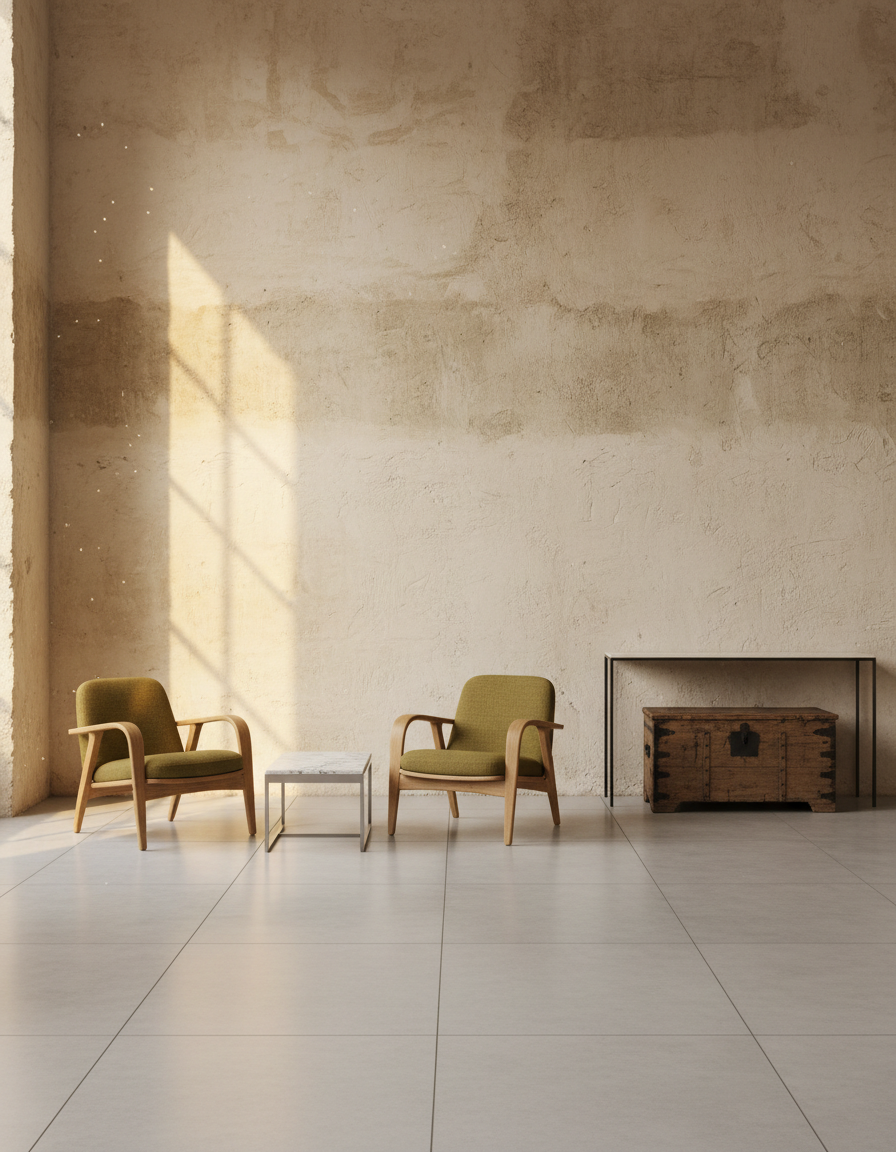 Inherited chairs and a timber chest in warm morning light