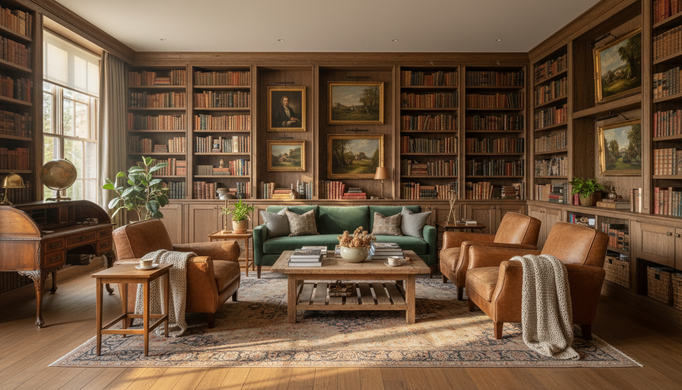 Warm library living room arranged around a green sofa