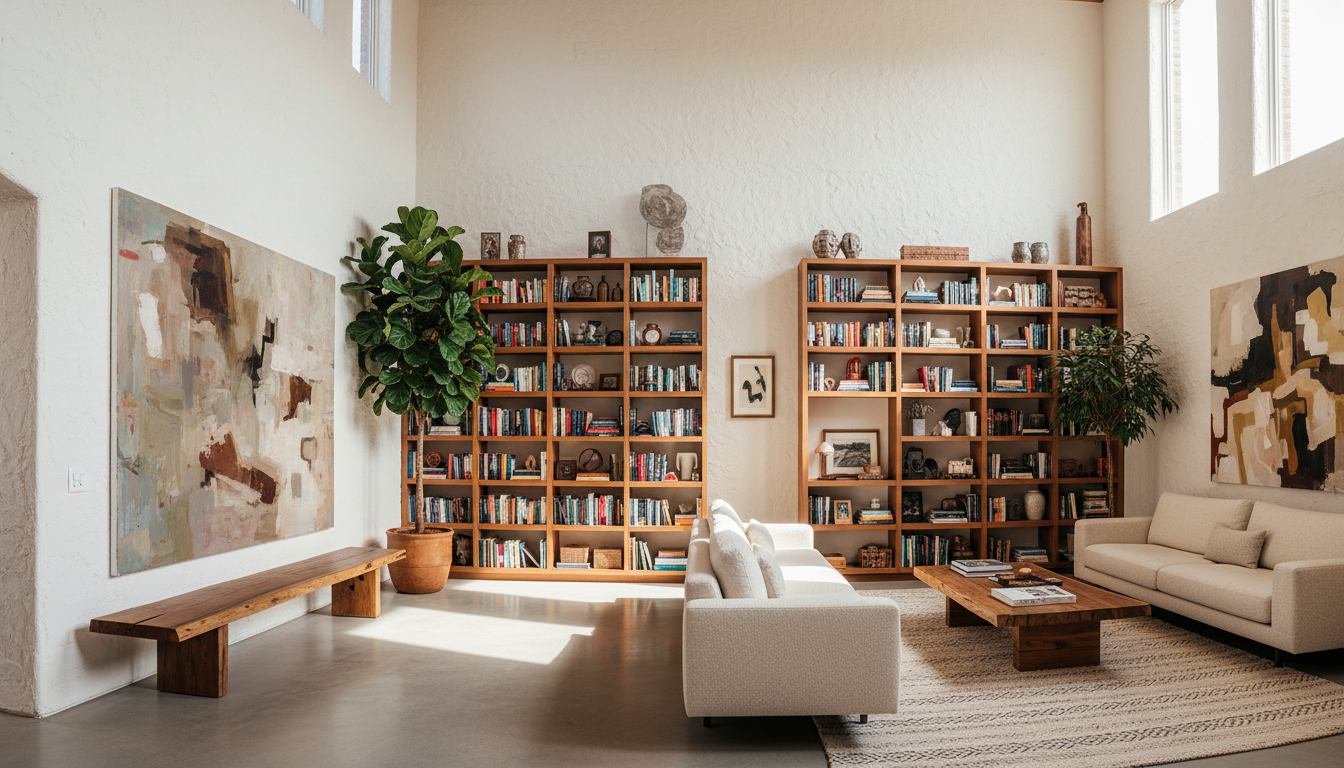 The Collector's House living room with books and collected art
