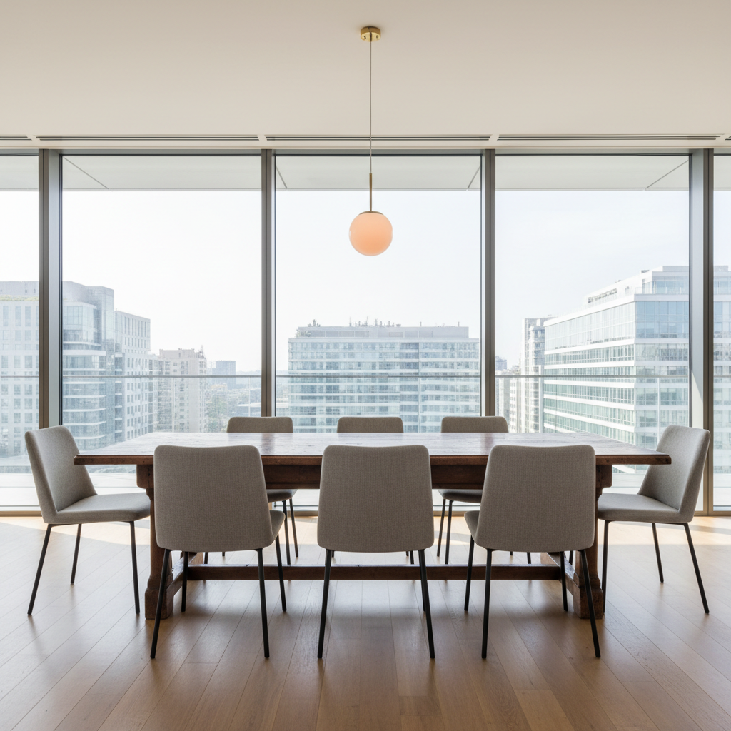 Dining table and retained chairs overlooking the city