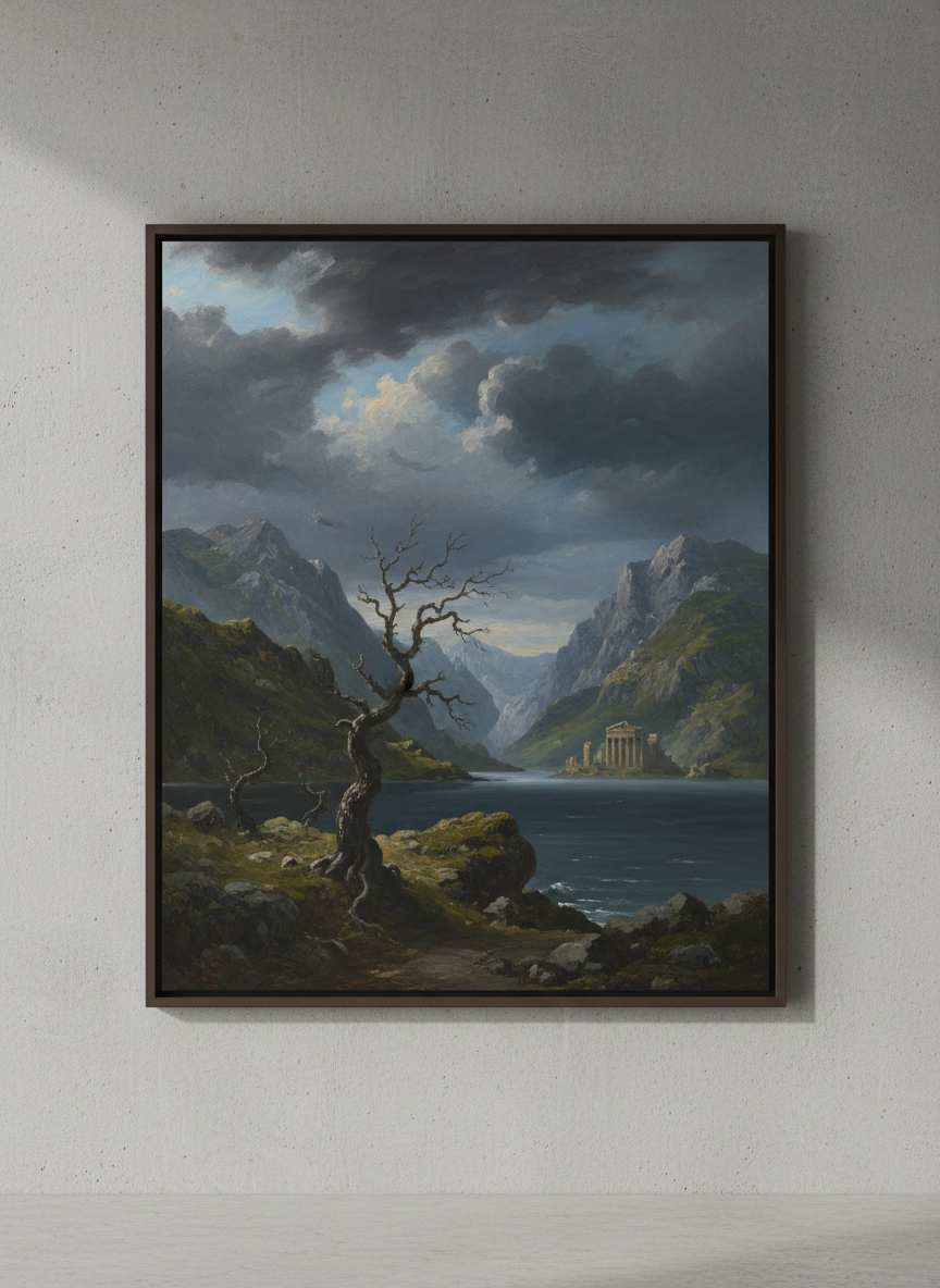 Landscape painting retained on a quiet plaster wall