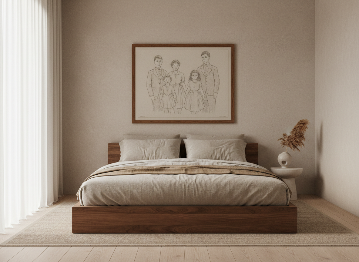 Quiet bedroom with family drawing above the bed