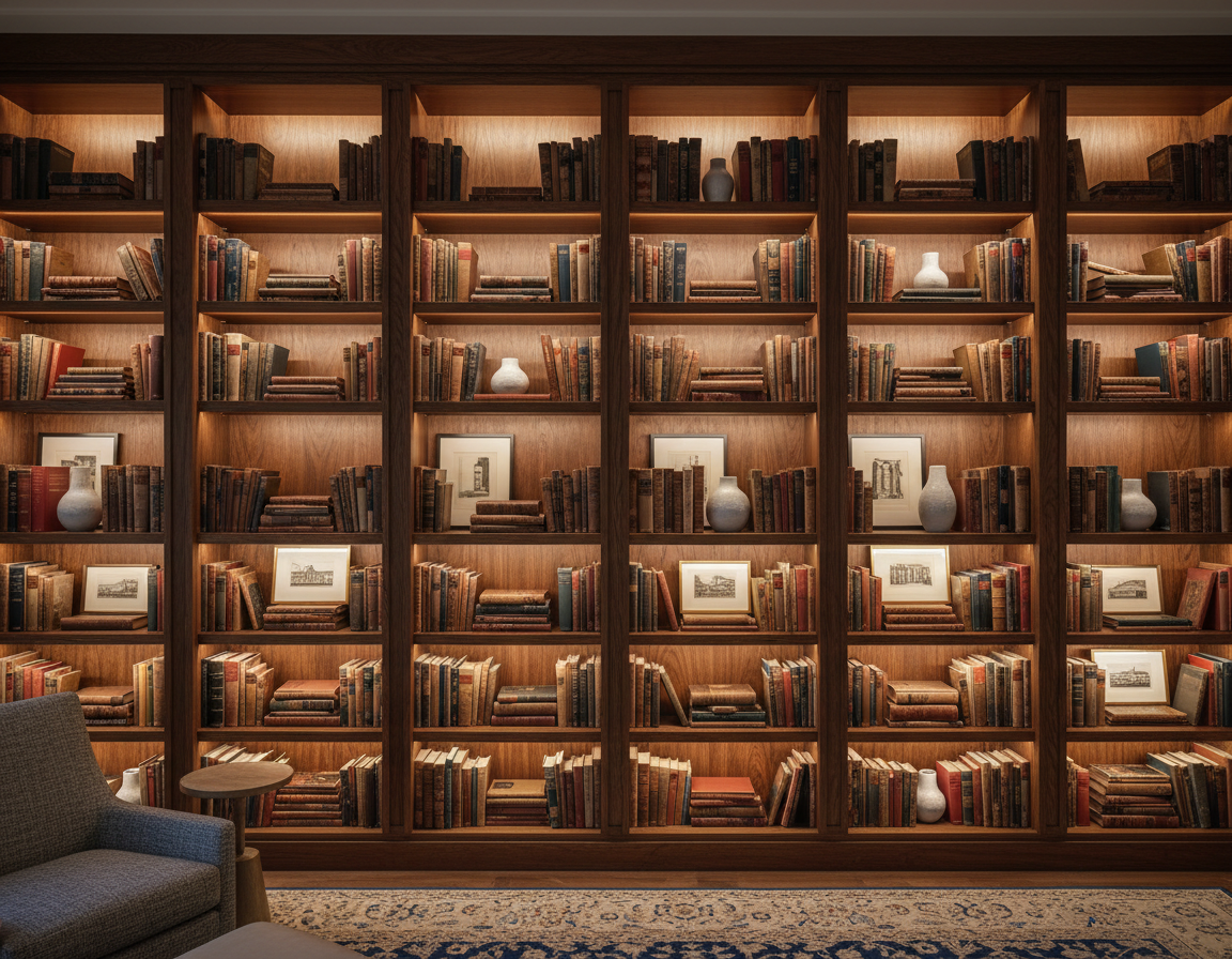 Illuminated custom library wall filled with books and objects