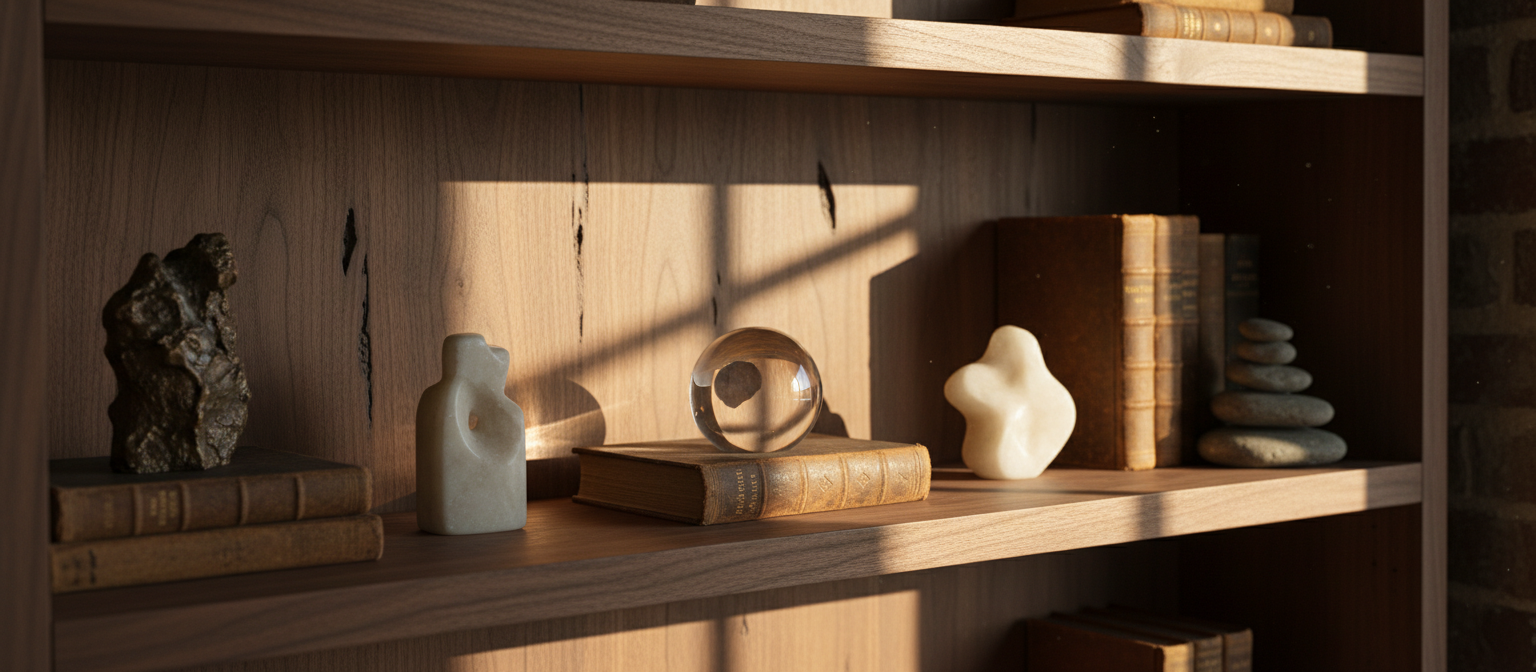 Ceramics and books arranged in sunlit timber shelving