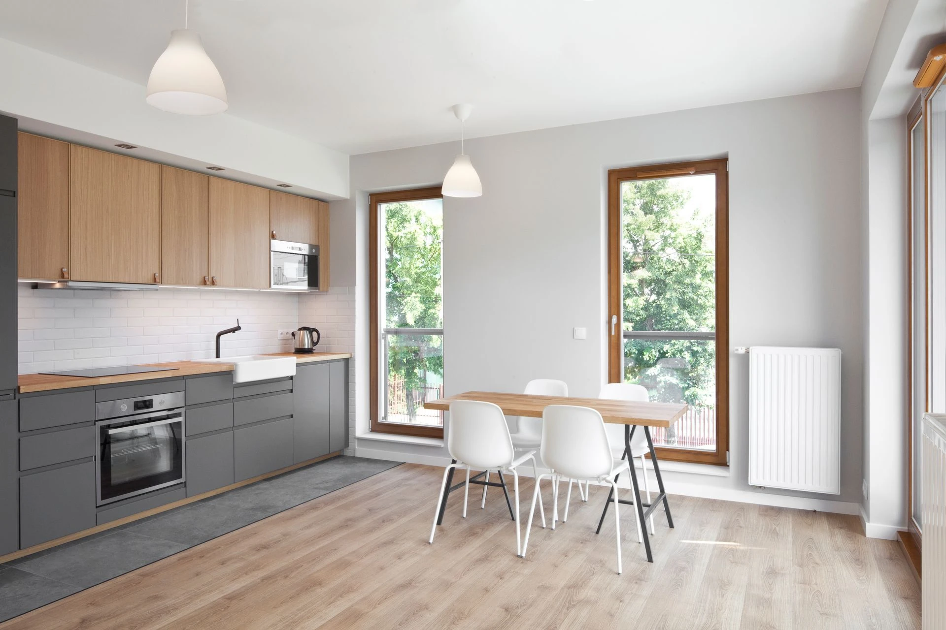 Bright kitchen and dining room in morning light
