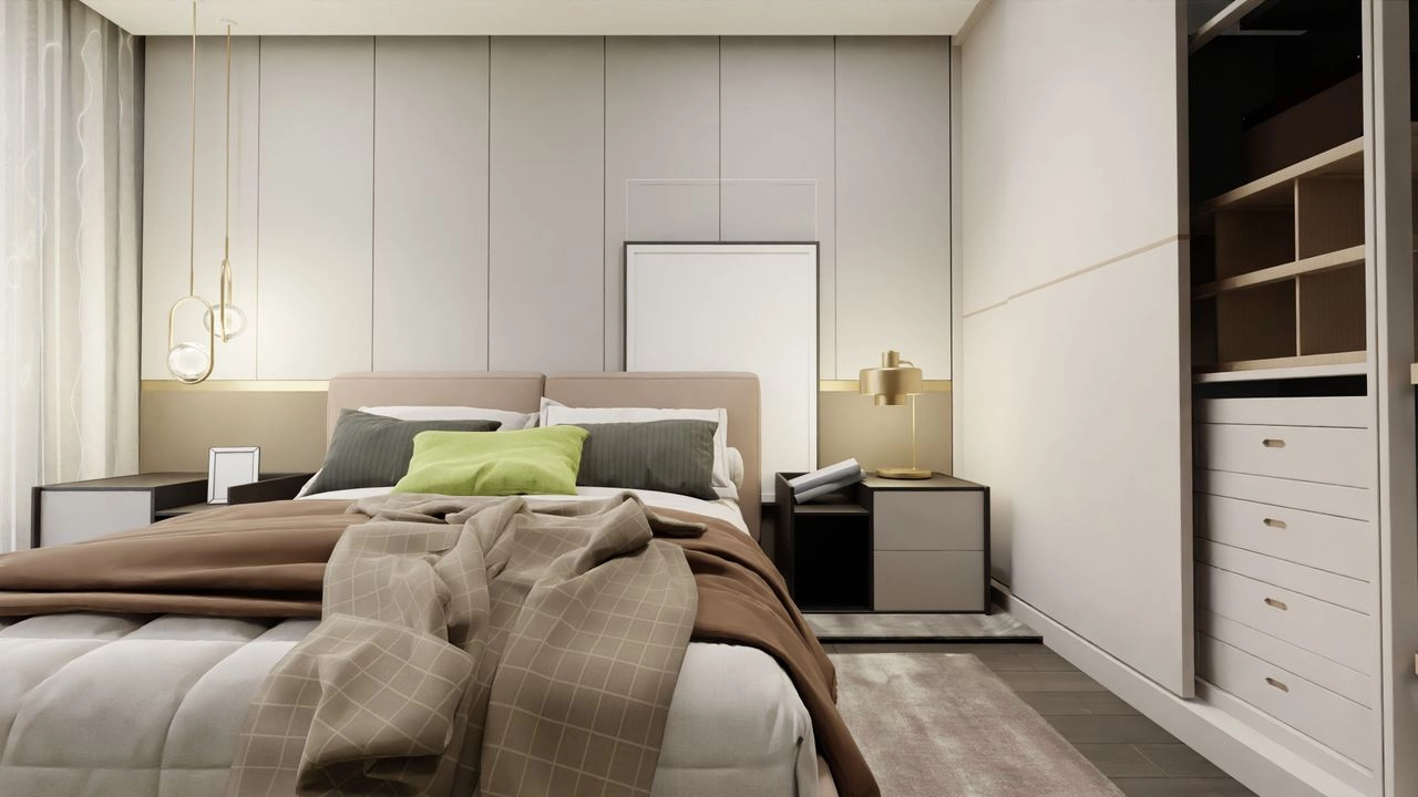 Quiet neutral bedroom with integrated storage