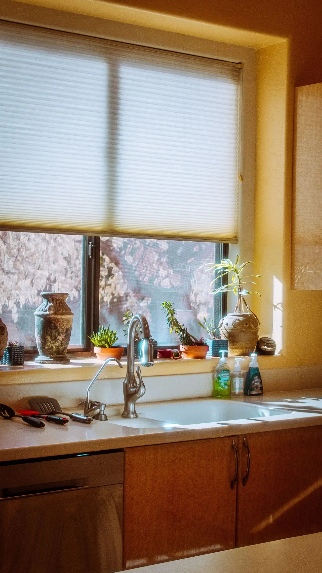 Kitchen window and sink animated by plants and everyday objects