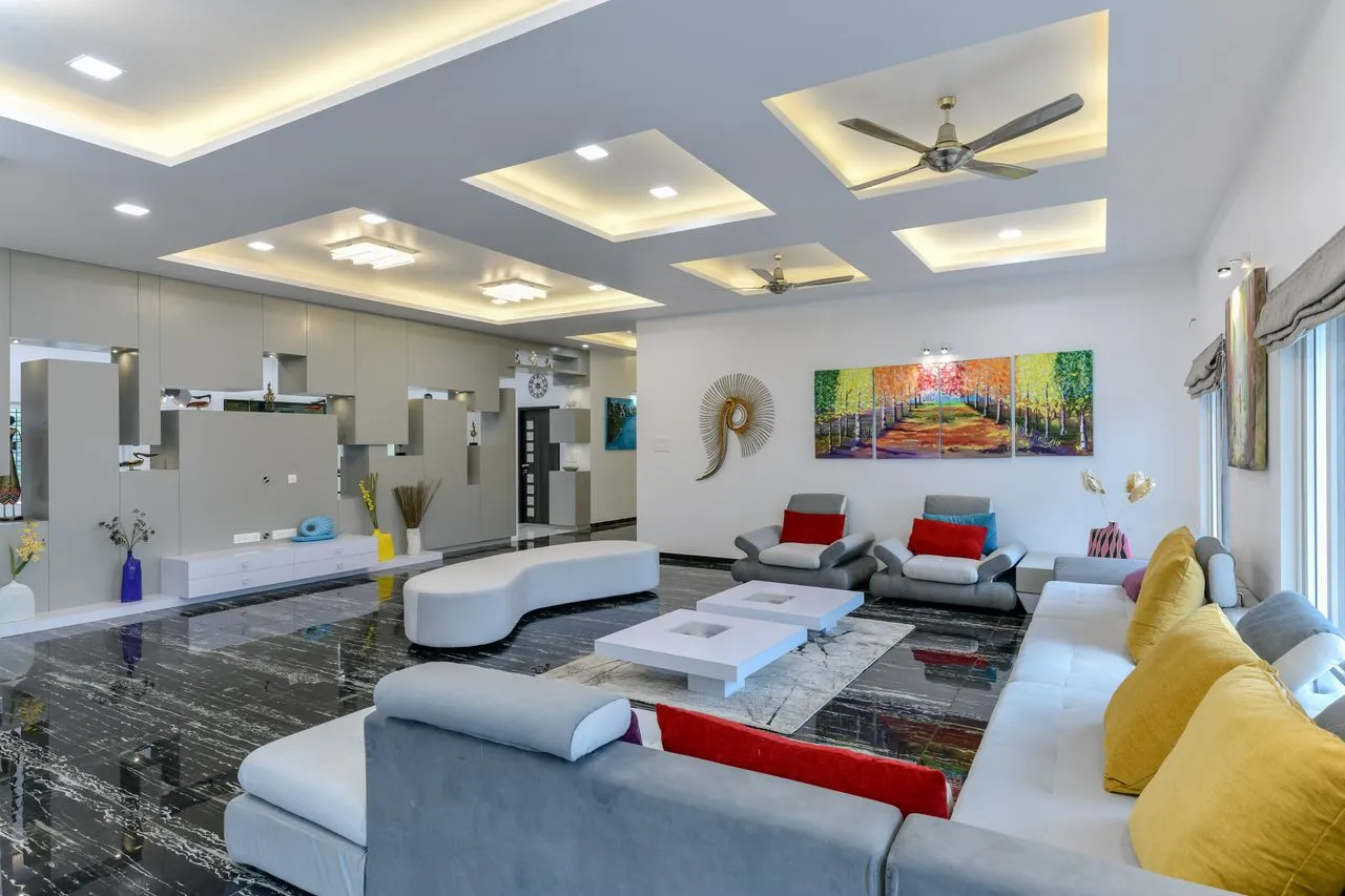 Art-filled living room arranged around conversation