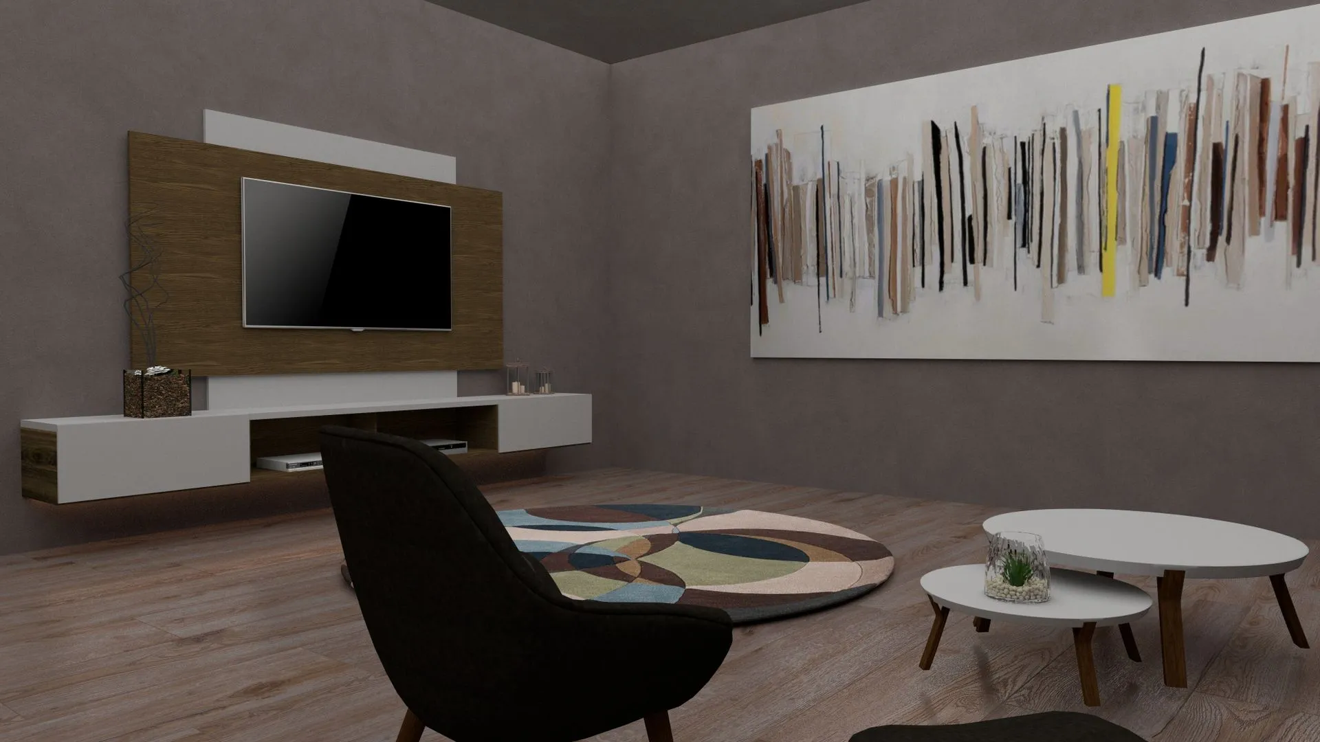 Living room composed around a large abstract artwork
