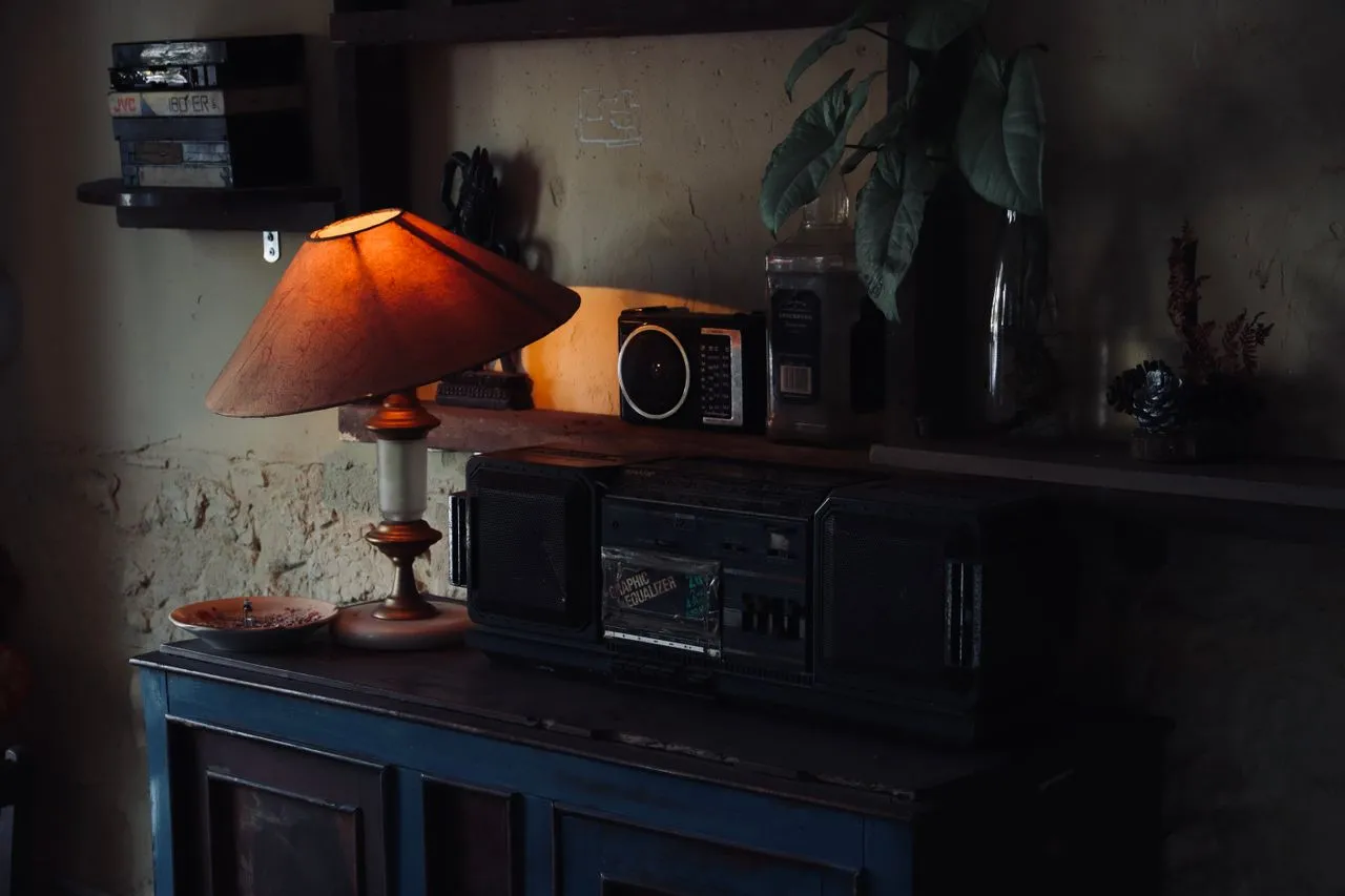 Low lamp and objects on dark timber furniture