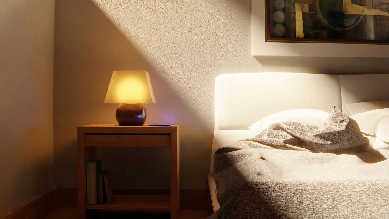 Bedside lamp casting warm light across the bed