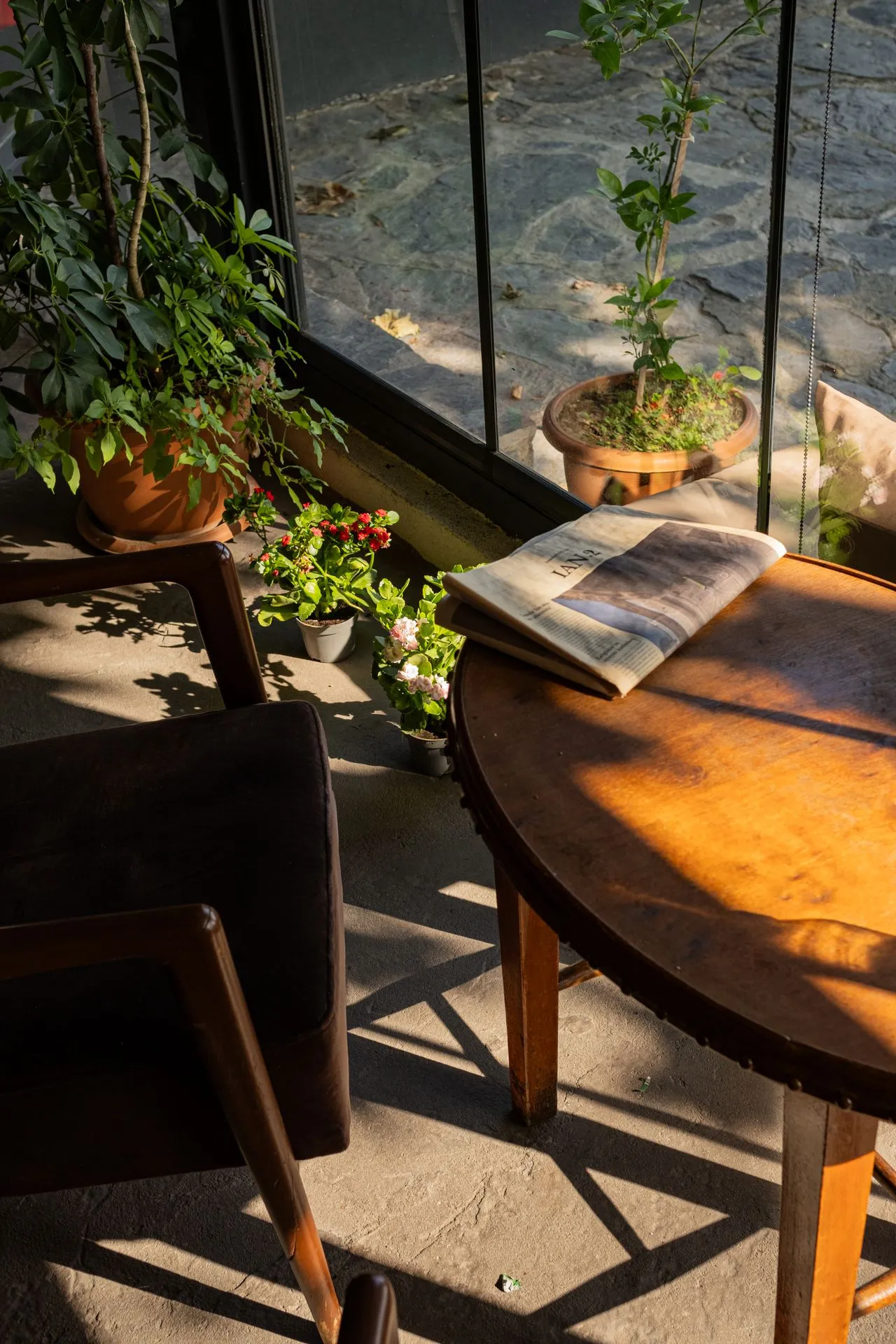 Reading table warmed by late afternoon light